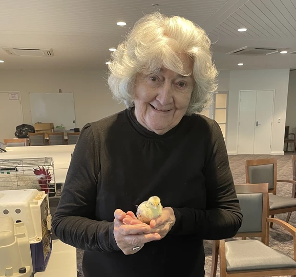 REsident Pam Hutcheson with chick SQUARE.jpg